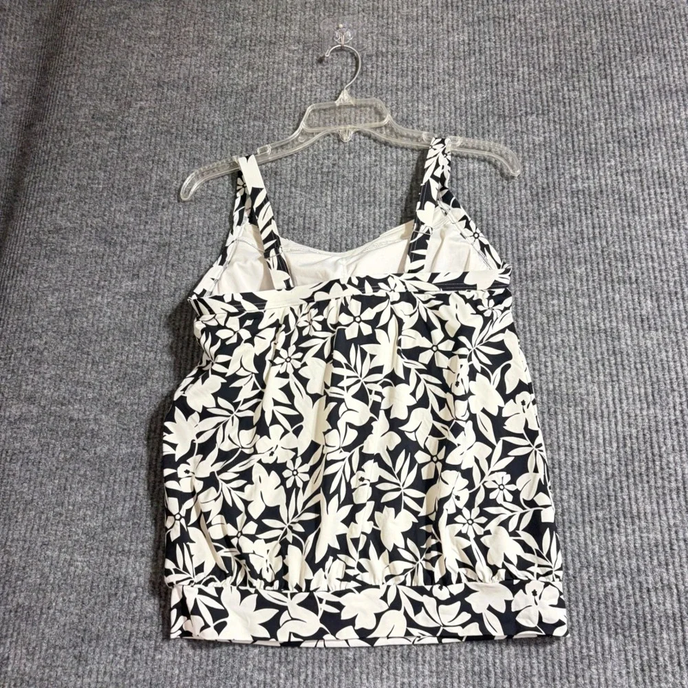 Lands End Womens Black White Floral Blouson Tankini Swim Top Size 8 522625